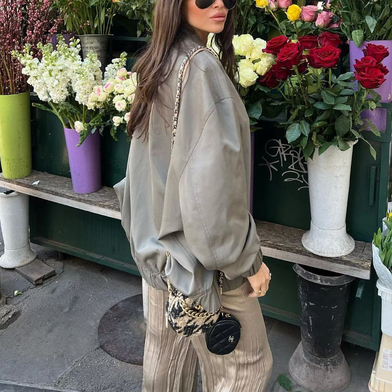 Damen lässige Bomberjacke aus leichtem Material mit elastischem Saum und praktischen Taschen Fudus