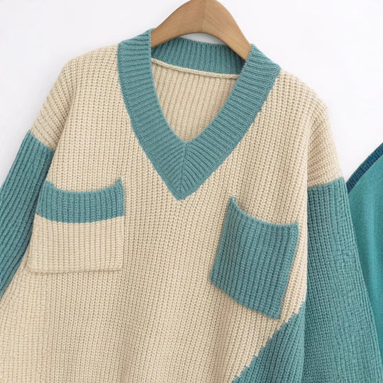 Damen Grobstrickpullover mit V-Ausschnitt und praktischen Taschen Fudus