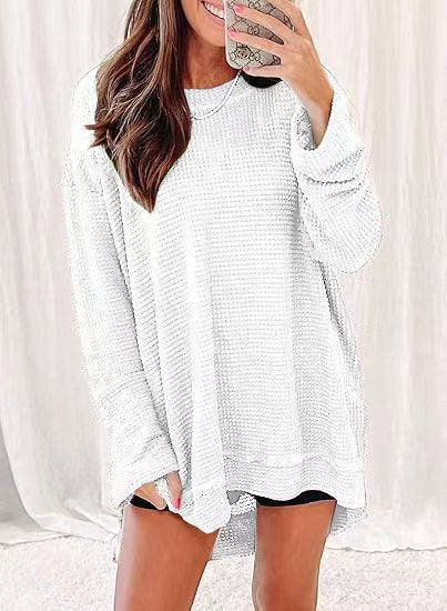 Damen Langärmliger Waffelstrick-Pullover mit offenem Schnitt und Seitenschlitzen Fudus