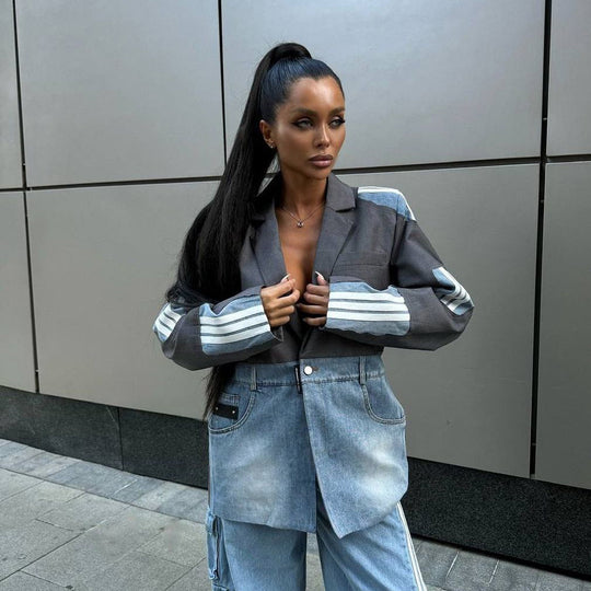 Damen Modischer Denim-Blazer mit asymmetrischem Schnitt Fudus