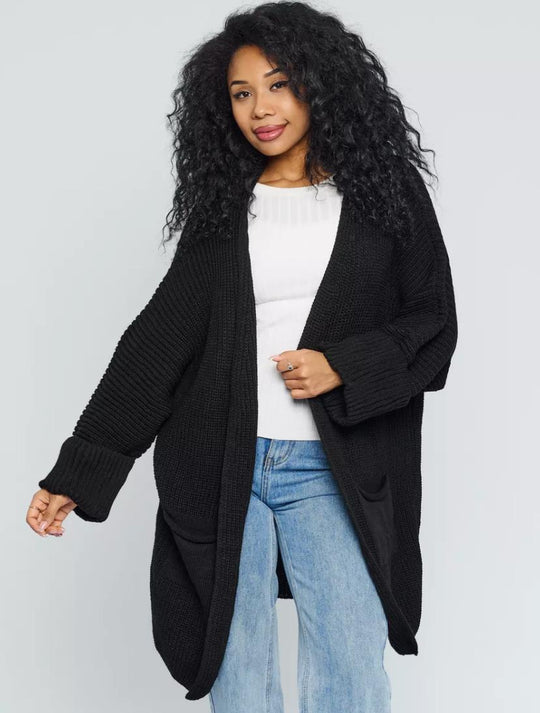 Damen lässige Strickjacke mit aufgesetzten Taschen und offenem Design Fudus