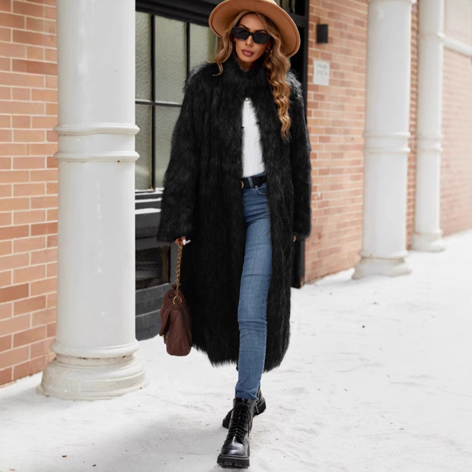 Damen Langer Kunstpelzmantel mit eleganter Kragenverzierung Fudus