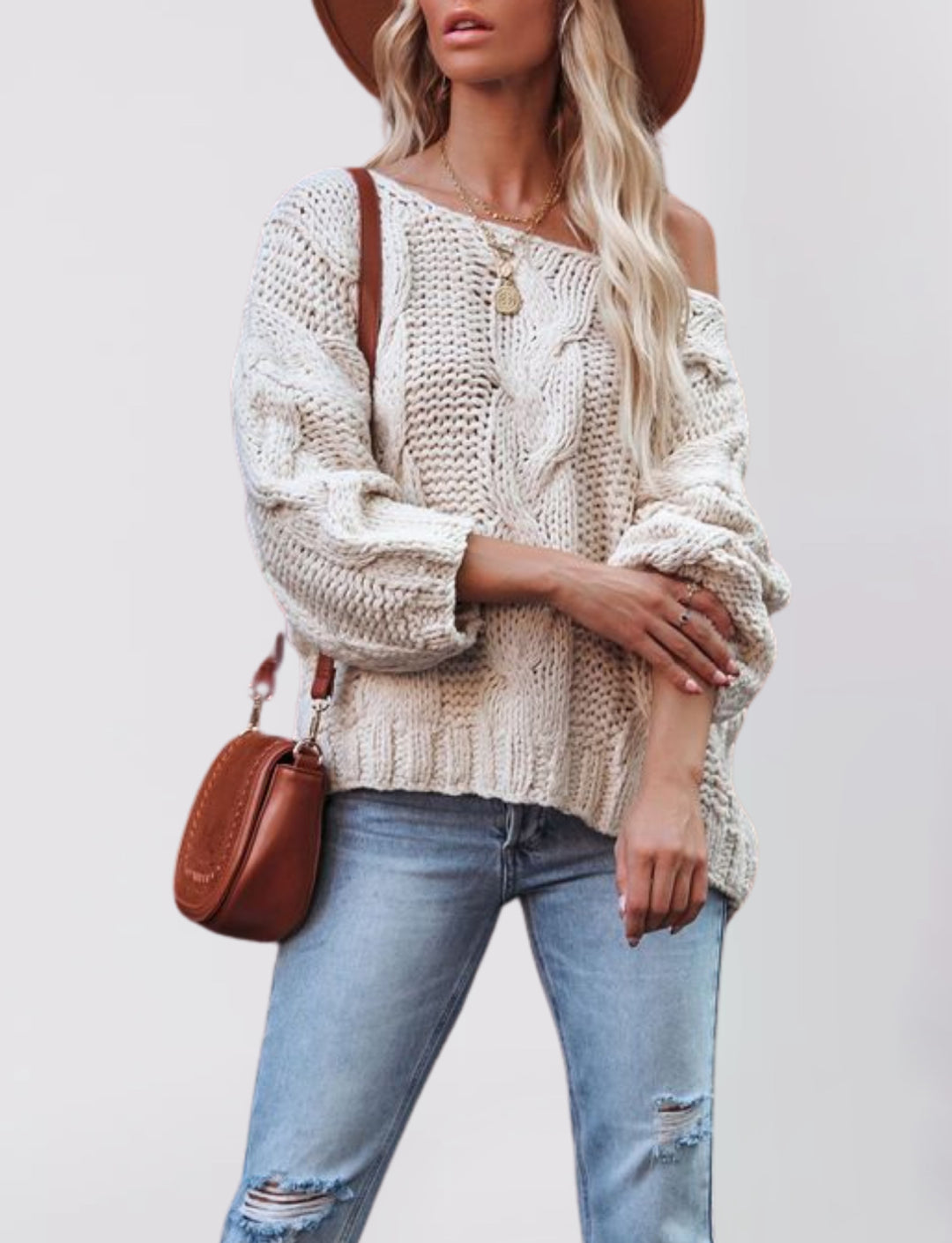 Damen Grobstrickpullover mit schulterfreiem Design Fudus