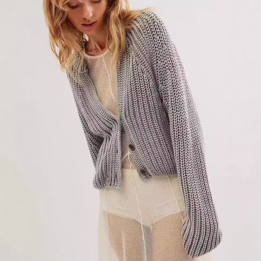 Damen lässige Strickjacke mit dekorativem Knopfverschluss und voluminösen Ärmeln Fudus