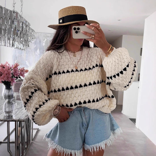 Damen Grobstrickpullover mit voluminösen Ärmeln und strukturiertem Muster Fudus