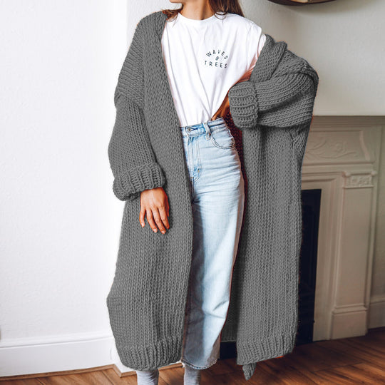 Damen Grobstrick-Longcardigan mit lässigem Schnitt und oversized Ärmeln Fudus