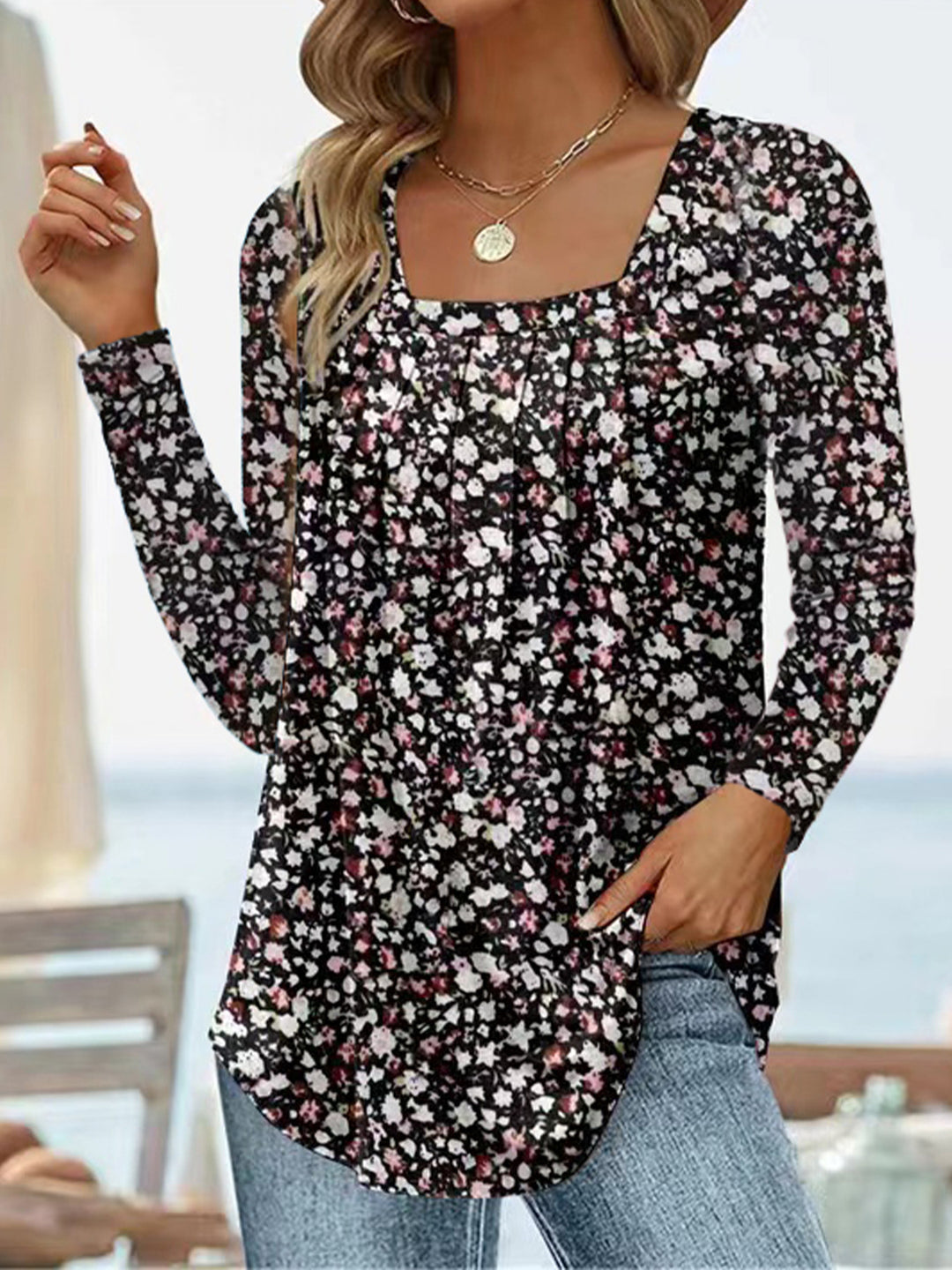 Damen Langärmliges Blumenshirt mit Rundhalsausschnitt Fudus