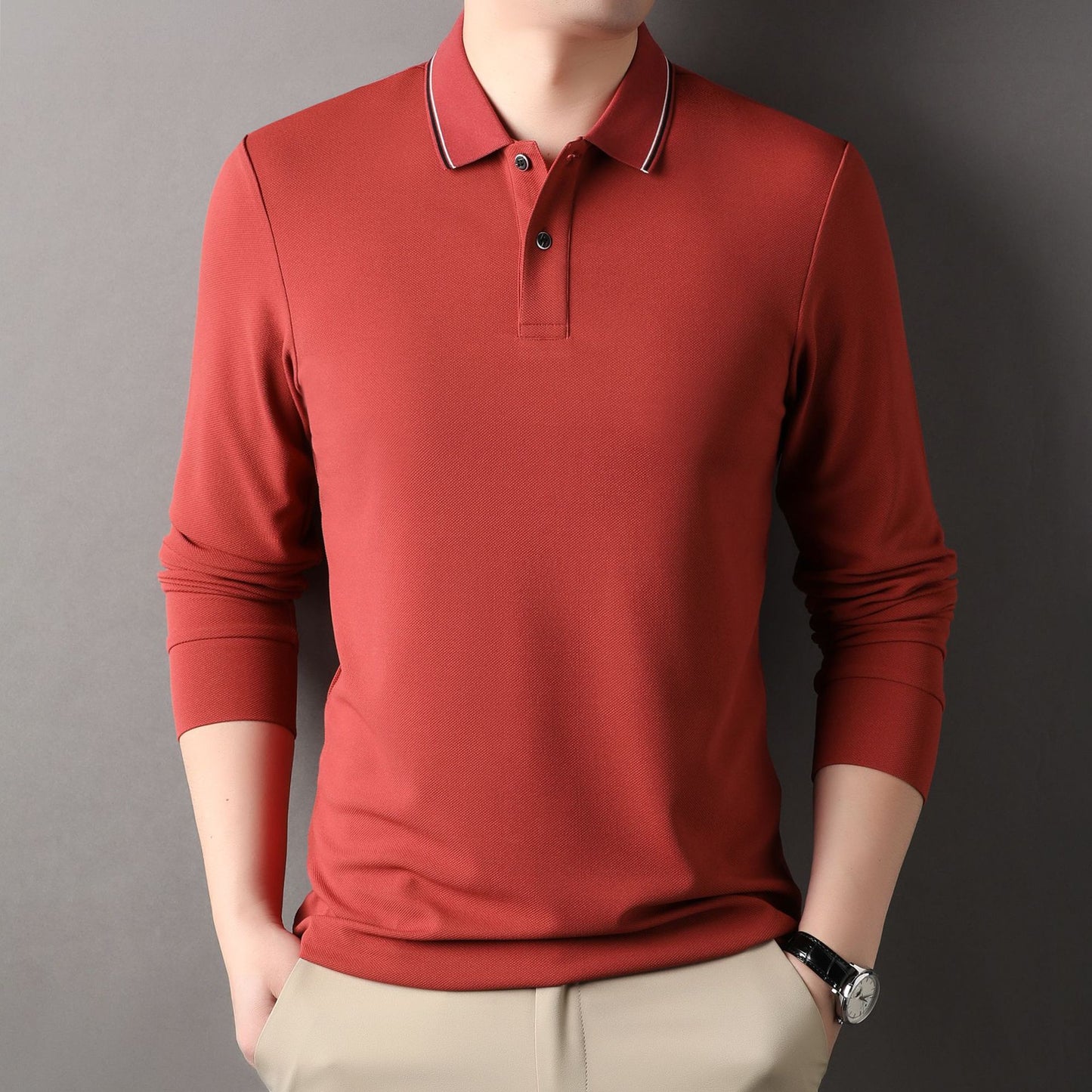 Herren elegantes Langarm-Polo mit modernem Kragen und stylischen Akzenten Fudus