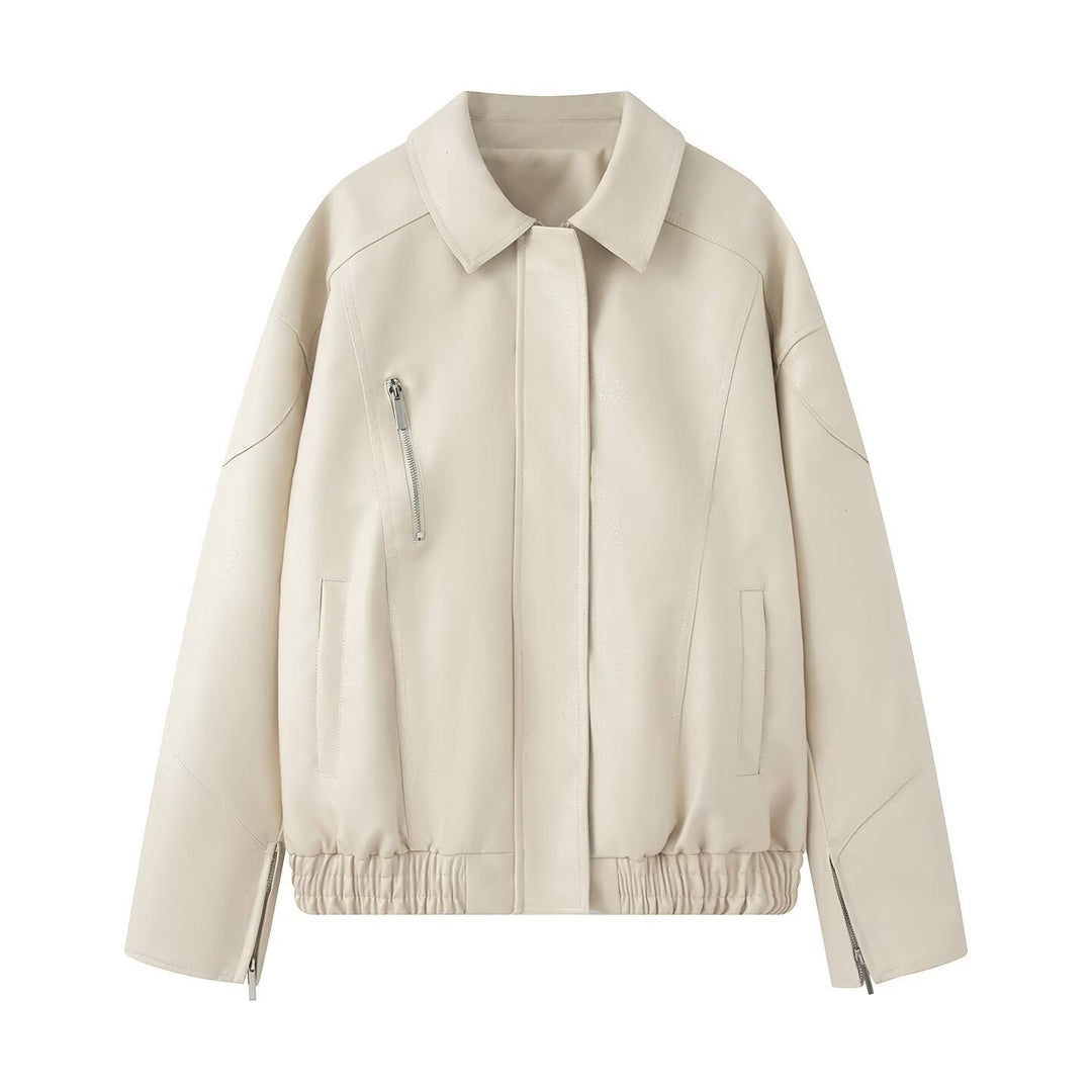 Damen Kunstlederjacke mit angesagtem Stehkragen und praktischen Reißverschlusstaschen Fudus