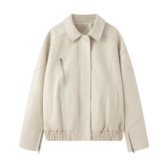 Damen Kunstlederjacke mit angesagtem Stehkragen und praktischen Reißverschlusstaschen Fudus