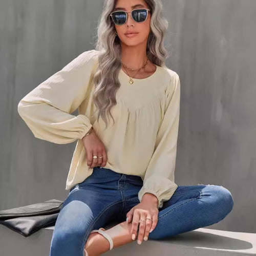 Damen lässige Bluse mit Ballonärmeln und feiner Struktur Fudus