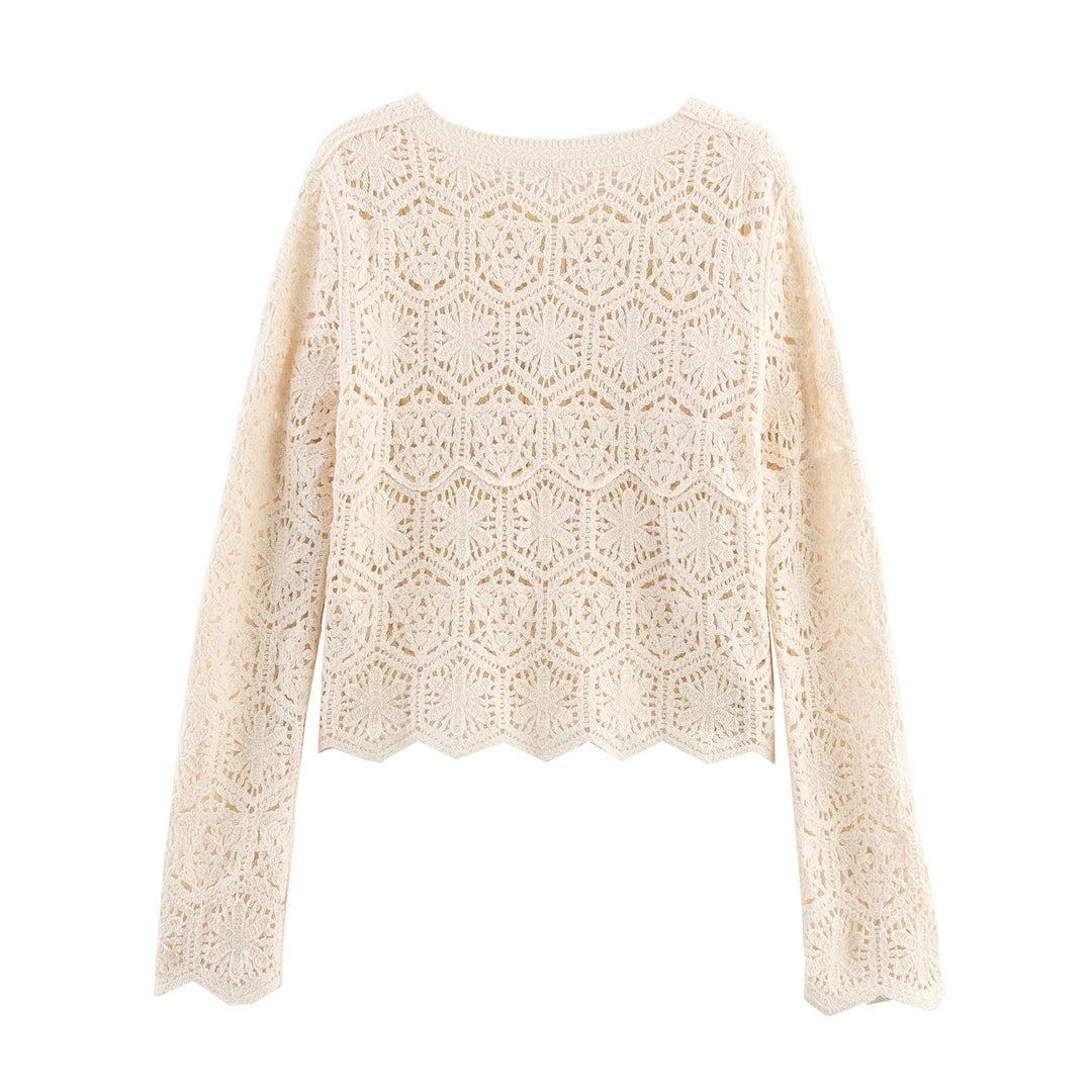 Damen lässige Strickjacke mit floralem Lochmuster und Knopfleiste Fudus