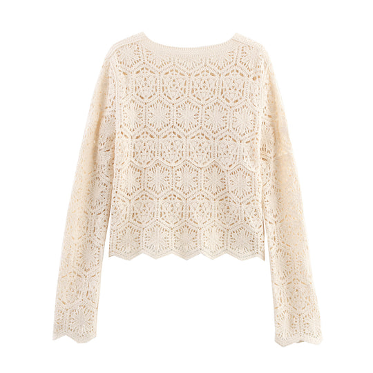 Damen lässige Strickjacke mit floralem Lochmuster und Knopfleiste Fudus