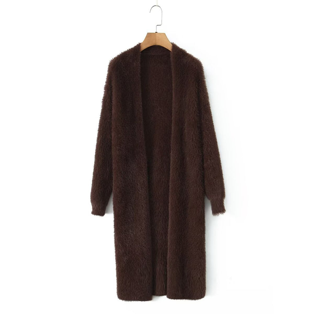 Damen kuschelige Strickjacke mit offenem Frontdesign und langen Ärmeln Fudus