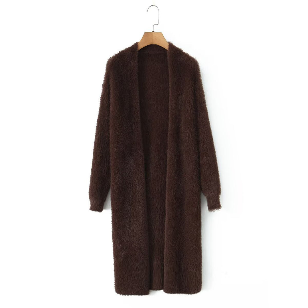 Damen kuschelige Strickjacke mit offenem Frontdesign und langen Ärmeln Fudus