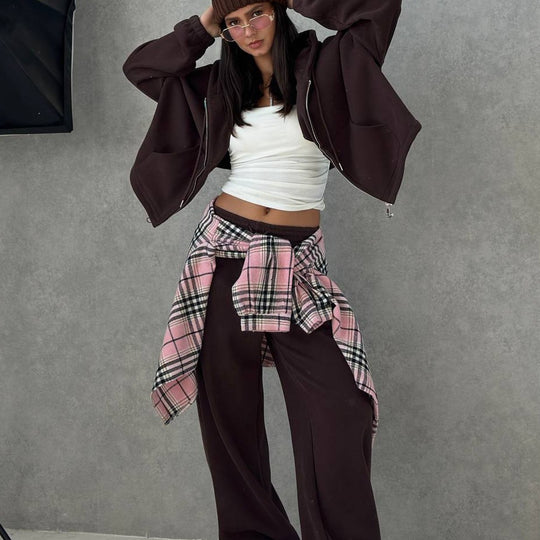 Damen lässige Oversized Hoodie Jacke mit seitlichen Taschen Fudus