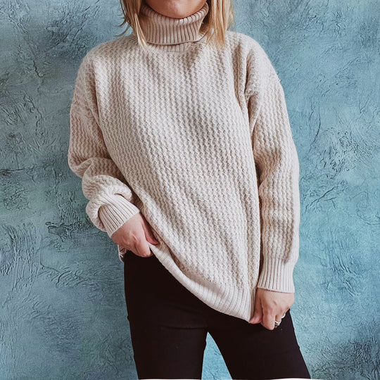 Damen Grobstrickpullover mit strukturiertem Muster und hohem Kragen Fudus