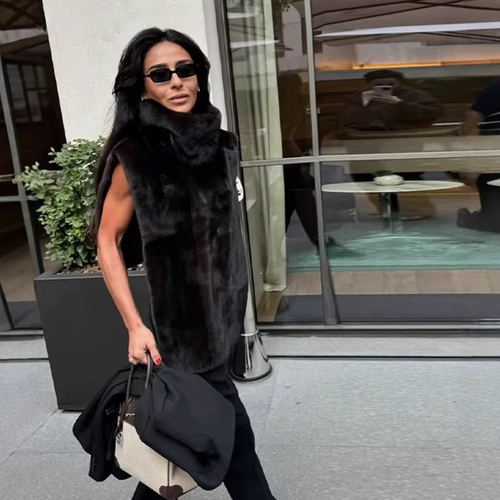 Damen kuschelige Kunstfellweste mit hohem Kragen Fudus