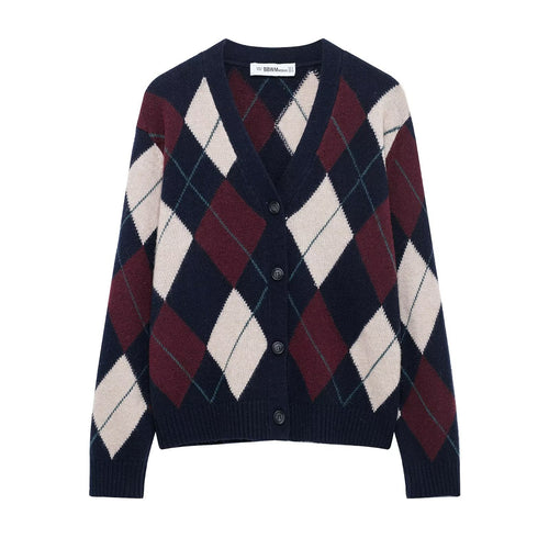 Damen lässige Strickjacke im modernen Rautenmuster mit V-Ausschnitt und Knopfdetails Fudus