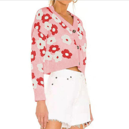 Damen Kurzgeschnittener Strickpullover mit floralem Muster Fudus