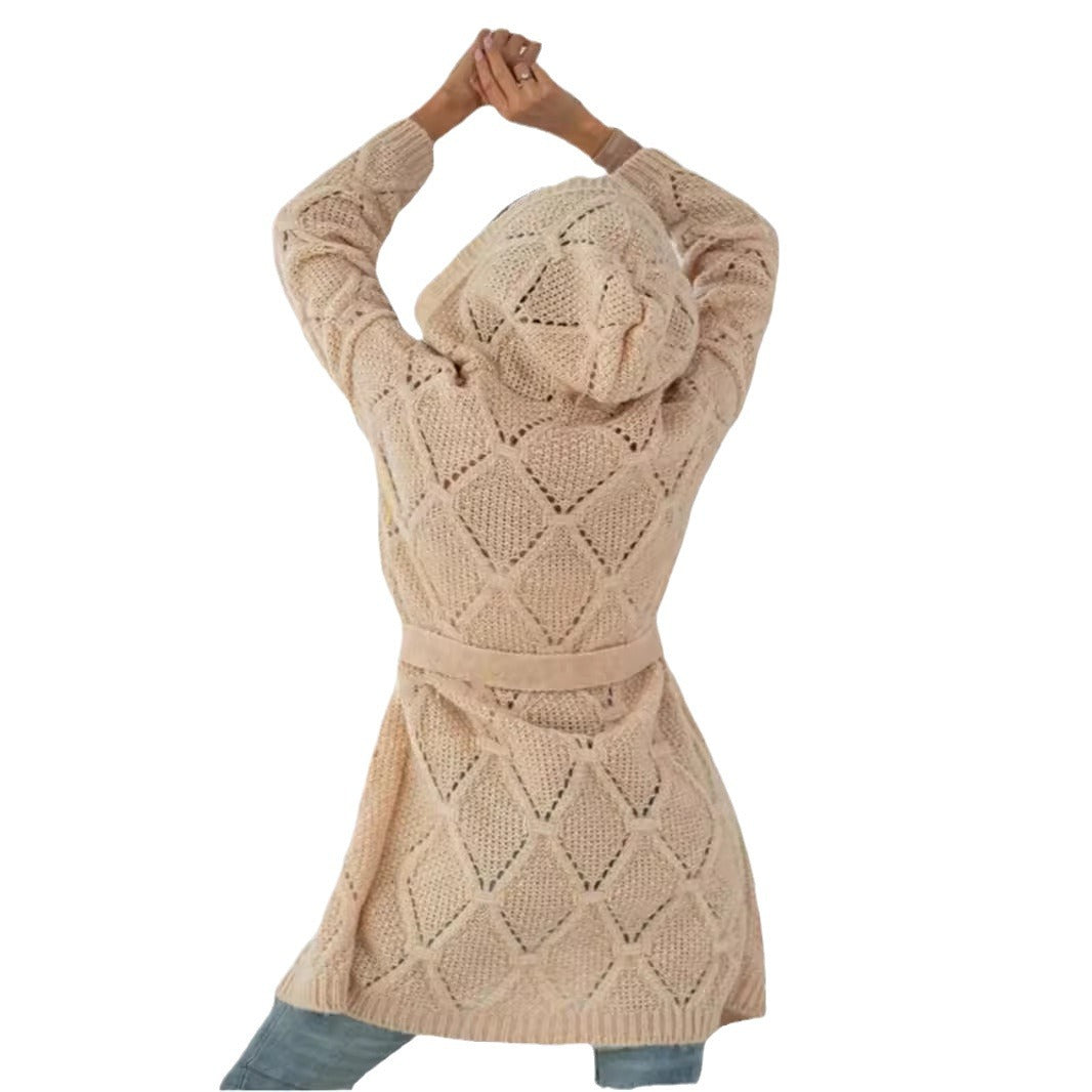 Damen Langer Strickcardigan mit Gürtel und strukturierter Oberfläche Fudus