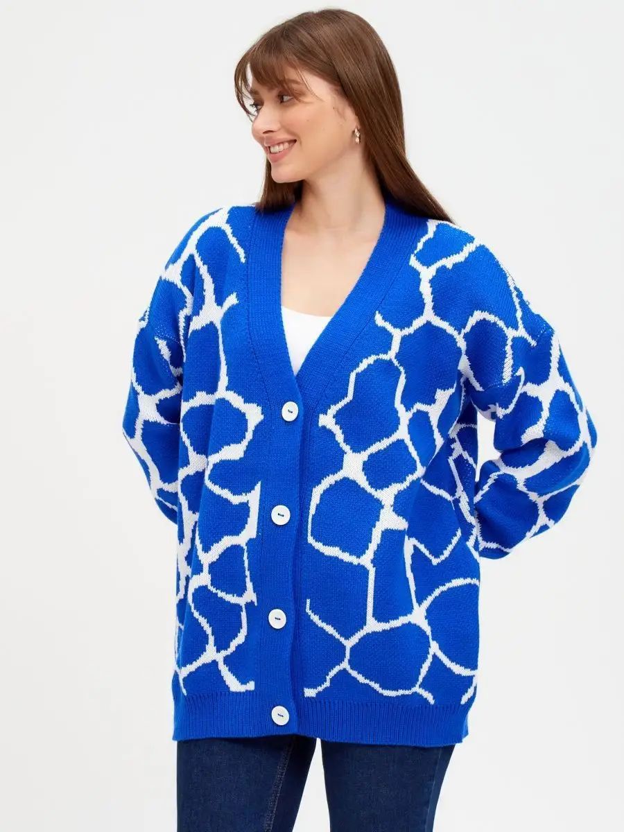 Damen Grobstrickjacke mit modernem Muster und Knopfdetails Fudus