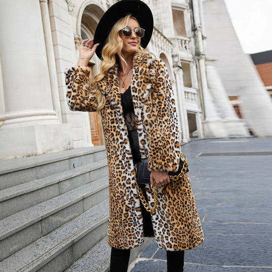 Damen Langer Mantel mit Leopardenmuster und weichem Kunstfell Fudus