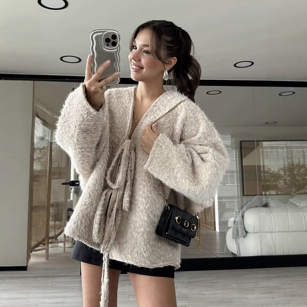 Damen kuschelige Strickjacke mit modischem Bindegürtel Fudus