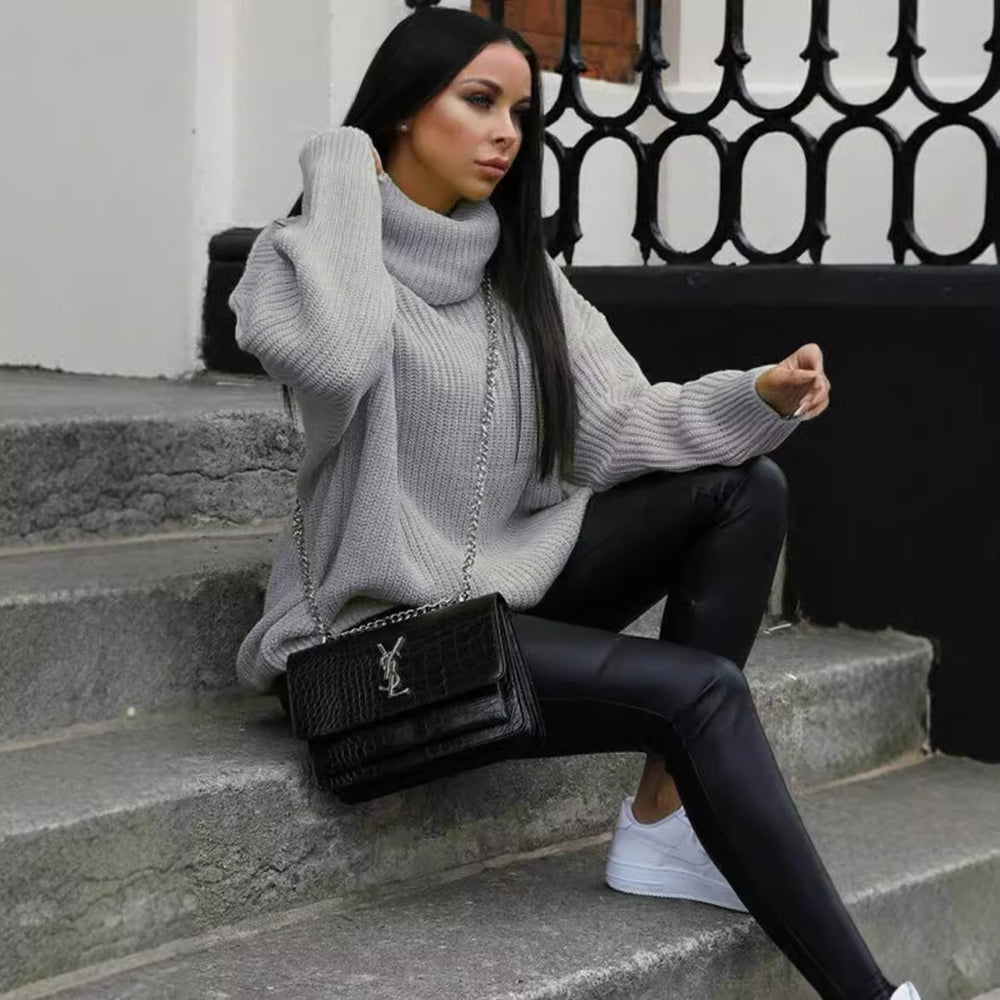 Damen Grobstrickpullover mit hohem Kragen und lässigem Schnitt Fudus