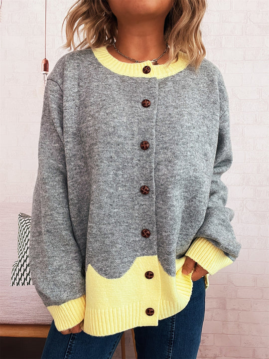 Damen lässige Strickjacke mit buntem Kontrast und eleganten Knopfdetails Fudus