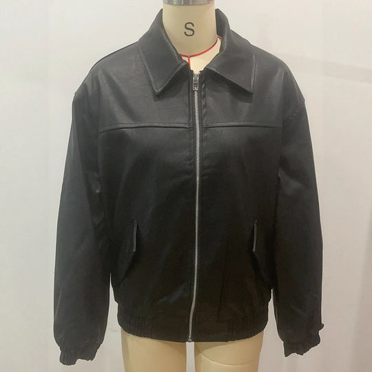 Damen lässige Lederjacke mit elastischem Saum und praktischen Taschen Fudus