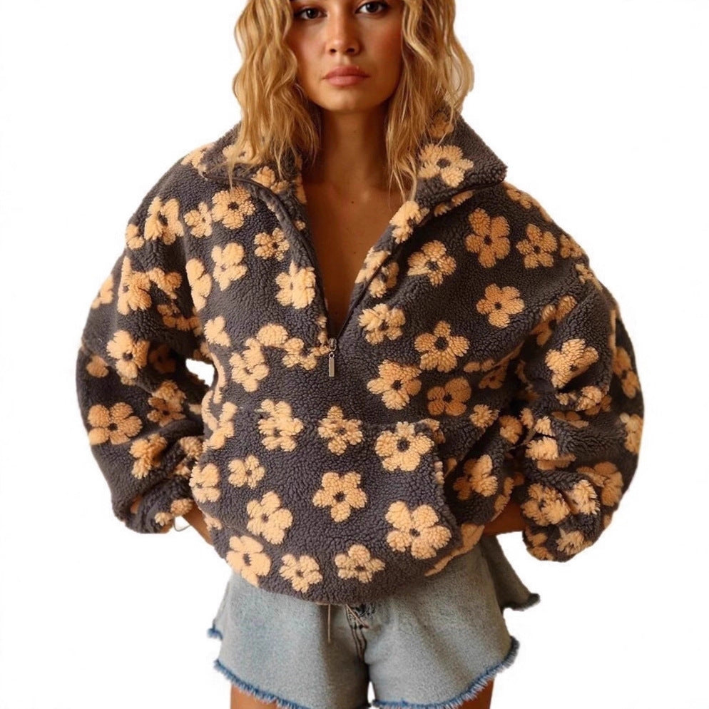 Damen kuschelige Oversized-Pullover mit floralem 3D-Design Fudus