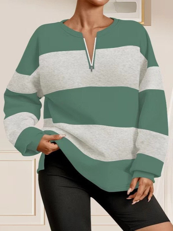 Damen Langarm Sweatshirt mit modernem Reißverschluss und gestreiftem Design Fudus