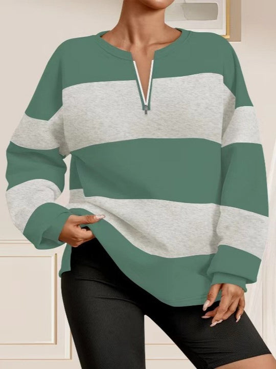 Damen Langarm Sweatshirt mit modernem Reißverschluss und gestreiftem Design Fudus