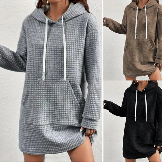 Damen Hoodie-Kleid mit praktischem Kängurutasche und modernem Strickdesign Fudus