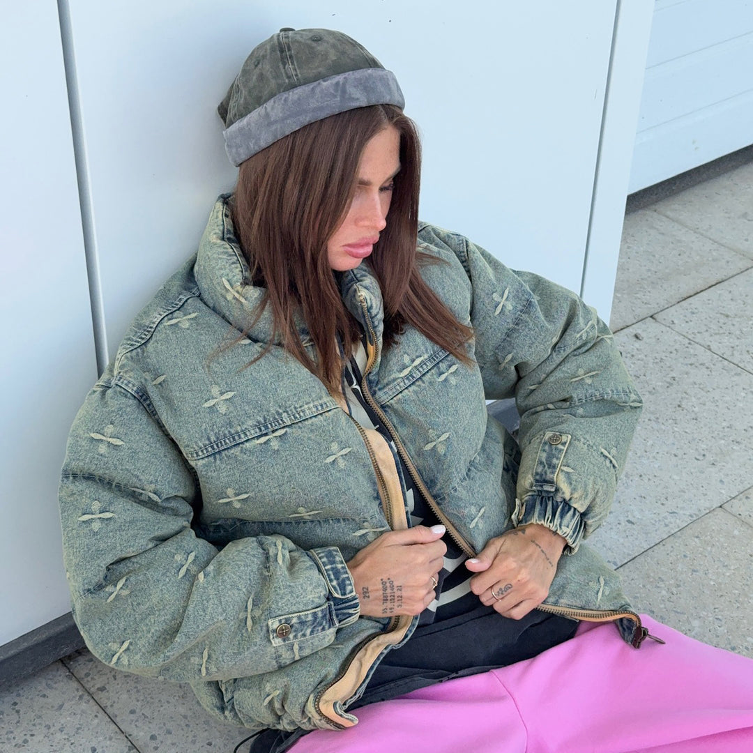 Damen lässige Steppjacke im Vintage-Stil mit hohem Kragen Fudus