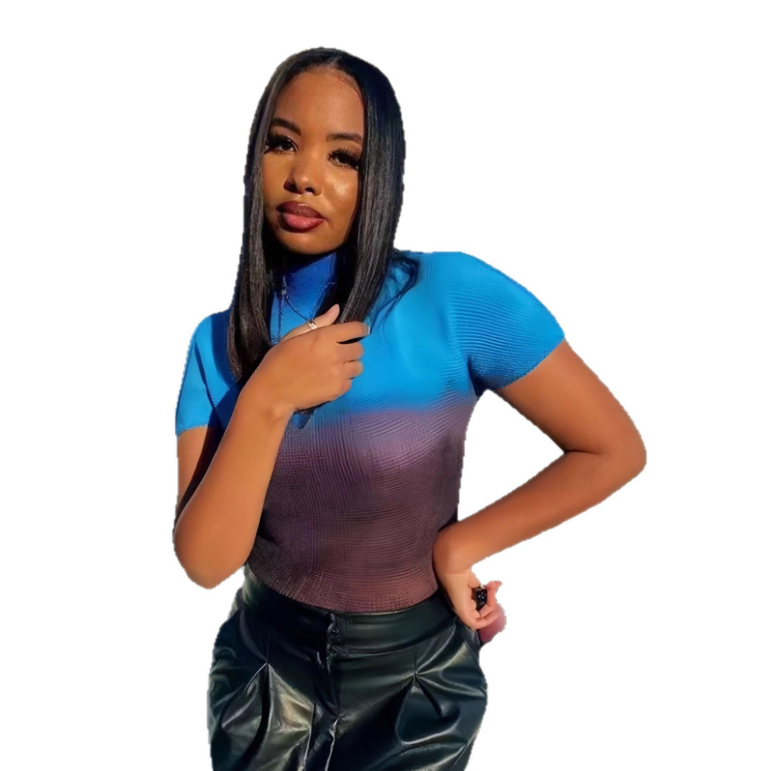 Damen Kurzarm-T-Shirt mit modernem Farbverlauf und hohem Kragen Fudus