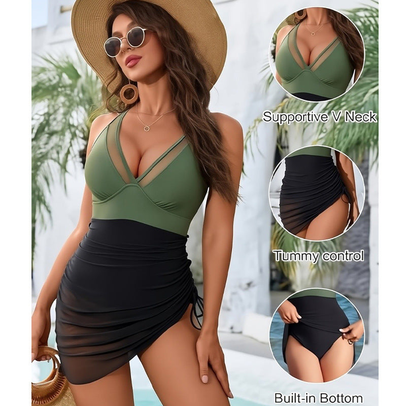 Badeanzug Damen Bauchkontrolle V-Ausschnitt Unterstützend