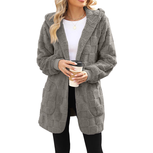 Damen kuschelige Fleecejacke mit Kapuze und Taschen Fudus