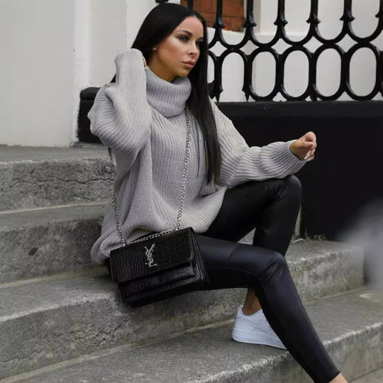 Damen Grobstrickpullover mit hochgeschlossenem Kragen und Struktur Fudus