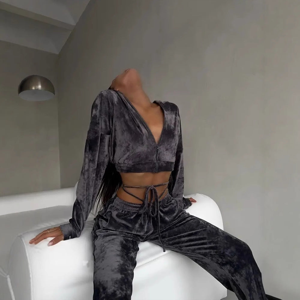 Damen kuscheliges Velours-Set mit Kapuzenoberteil Fudus