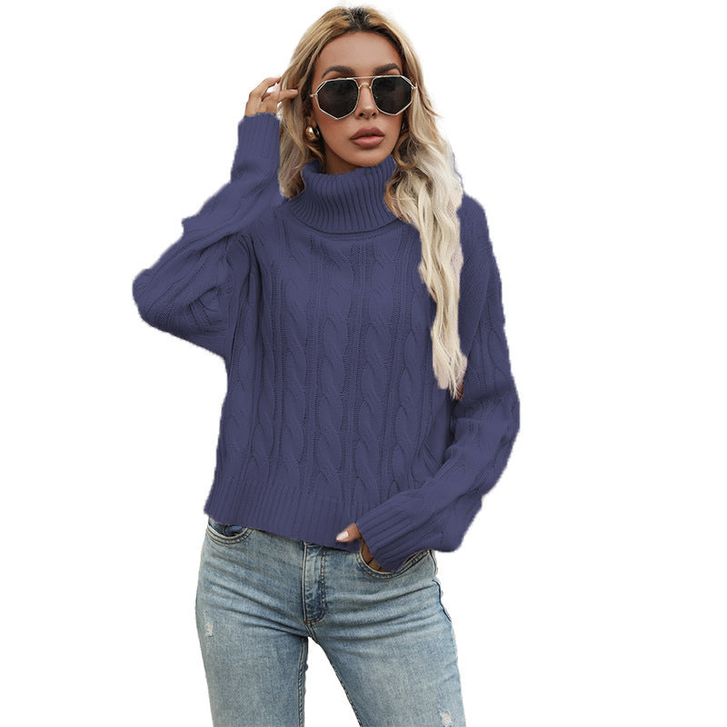 Damen Grobstrickpullover mit hohem Kragen und strukturiertem Zopfmuster Fudus