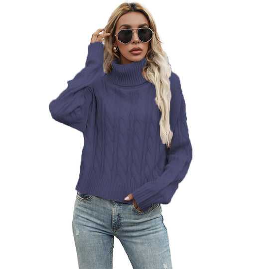 Damen Grobstrickpullover mit hohem Kragen und strukturiertem Zopfmuster Fudus