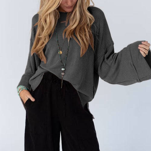 Damen kuscheliger Strickpullover mit weiten Ärmeln und Rippstruktur Fudus