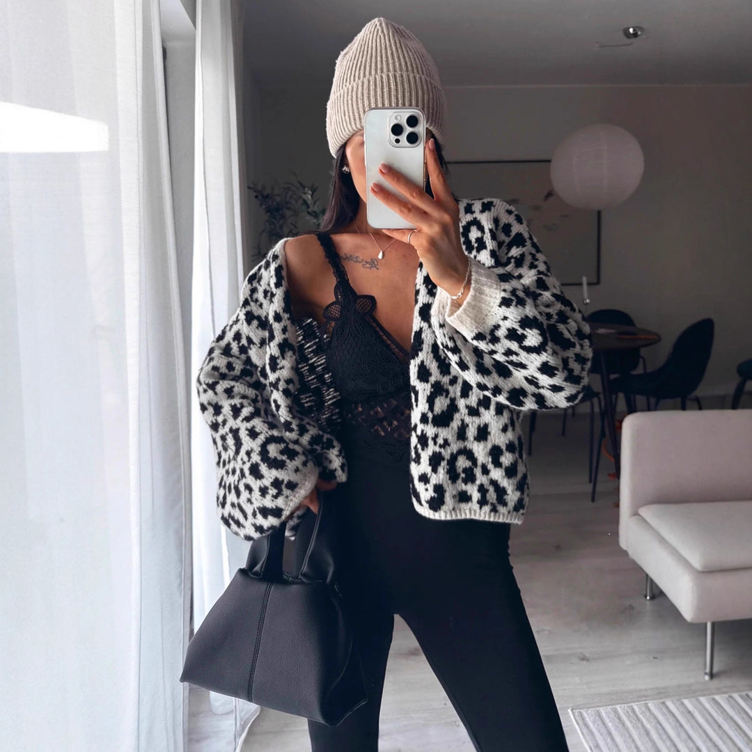 Damen lässige Strickjacke im Leopardenmuster Fudus