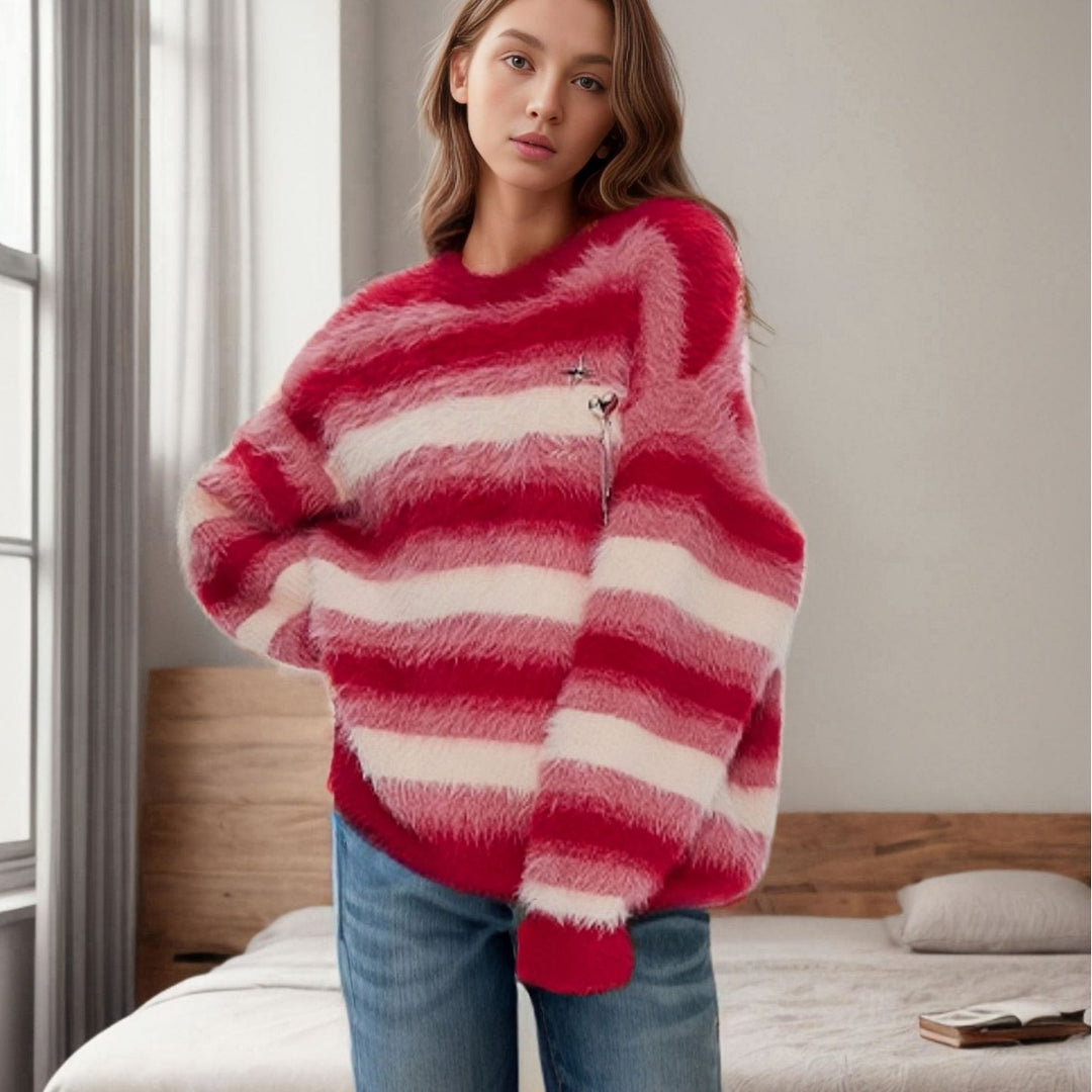 Damen kuscheliger Strickpullover mit modernen Streifen Fudus