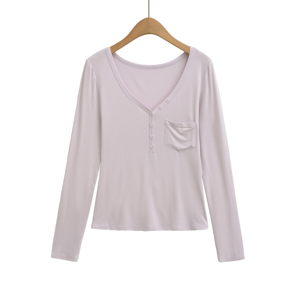 Damen langärmliges Basic-T-Shirt mit Knopfleiste und tiefem V-Ausschnitt Fudus