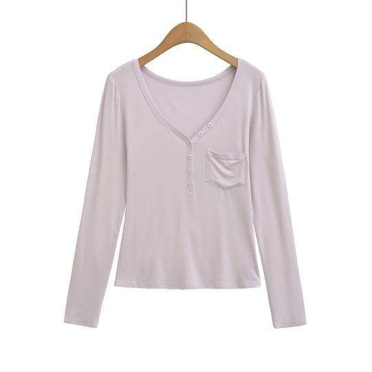 Damen langärmliges Basic-T-Shirt mit Knopfleiste und tiefem V-Ausschnitt Fudus