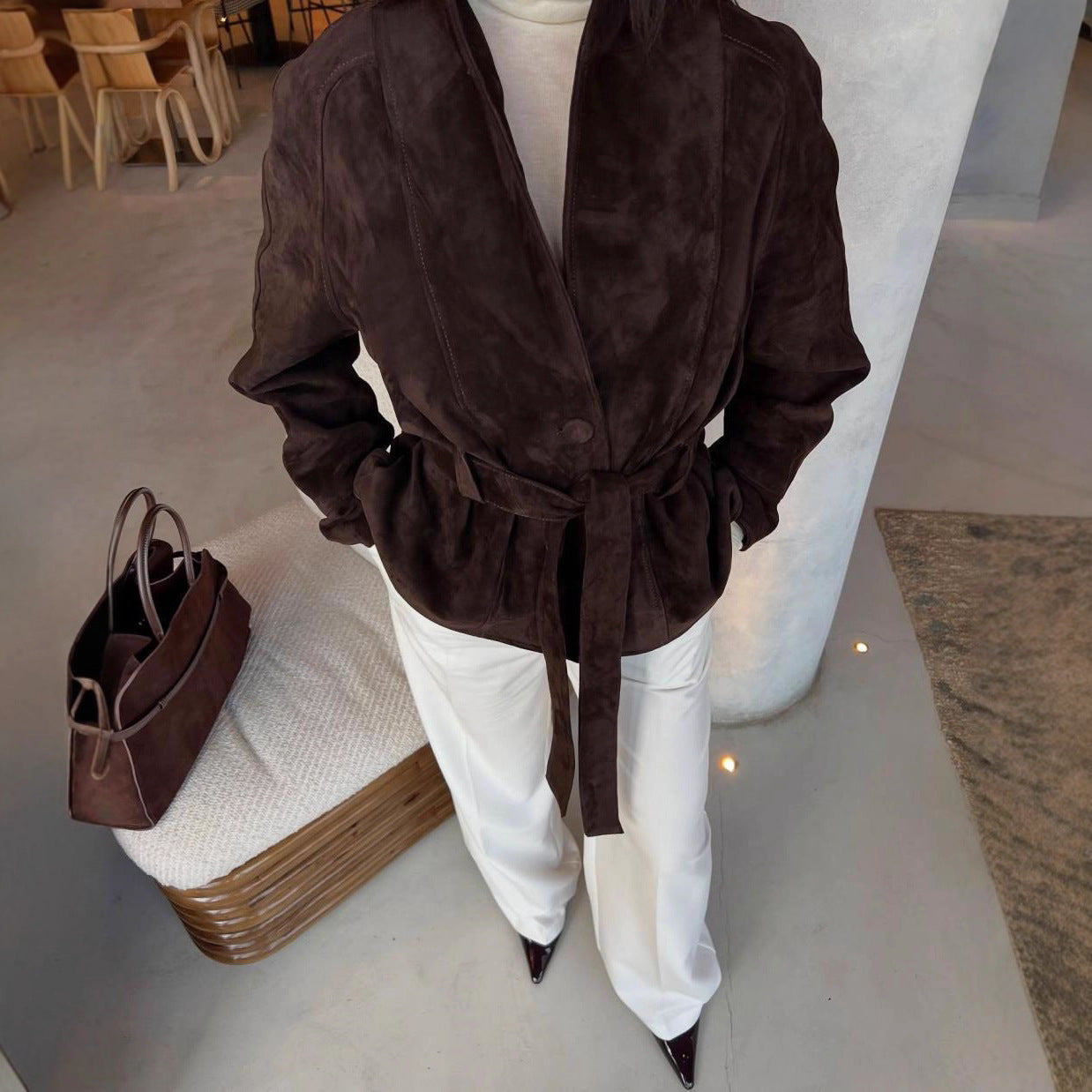 Damen elegante weiche Jacke im Stil eines Blazers mit Taillengürtel Fudus