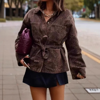 Damen Jeansjacke mit flexiblem Taillengürtel und animalischem Muster Fudus